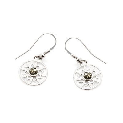 Wholesaler of jewelry and accessories - Sun earrings with natural green amber, in rhodium silver 925/1000