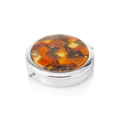 Wholesaler of jewelry and accessories - Round pillbox with metal and amber mirror, 7x1.5 cm