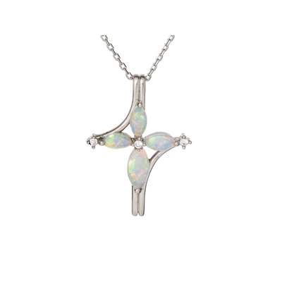 Wholesale jewelry and accessories - Cross pendant with opal and zirconium oxide, rhodium-plated silver 925/1000, 2.5 cm