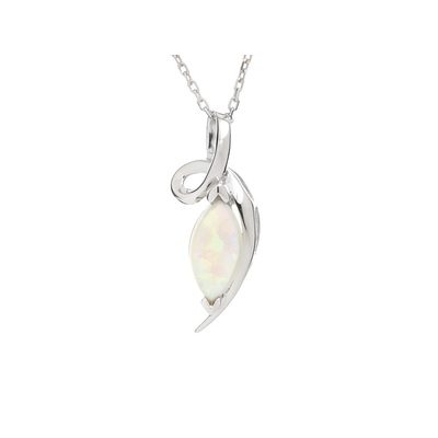 Wholesaler of jewelry and accessories - Pendant with white opal navette, in rhodium-plated silver 925/1000, height 2.2 cm