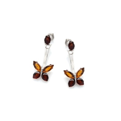 Wholesaler of jewelry and accessories - Butterfly earrings with natural cognac amber, in rhodium silver 925/1000