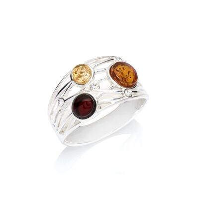 Wholesaler of jewelry and accessories - Ring with round multi-colored Baltic amber, in rhodium-plated silver 925/1000