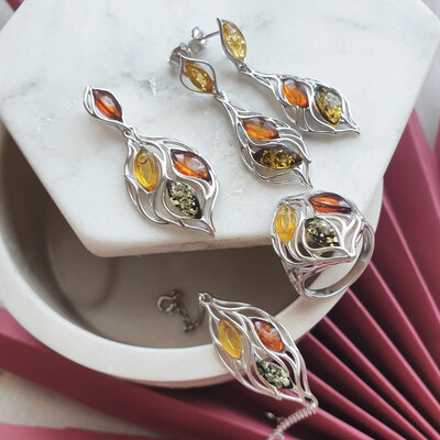 Wholesaler of jewelry and accessories - Bracelet with multi-colored amber navette, in rhodium-plated silver 925/1000, length 17+3 cm