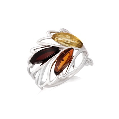 Wholesaler of jewelry and accessories - Ring with multi-colored Baltic amber navette, in rhodium-plated silver 925/1000