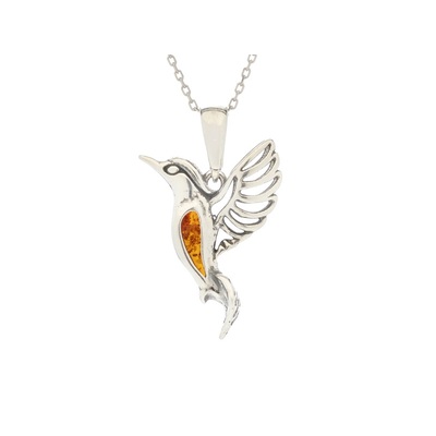 Wholesaler of jewelry and accessories - Hummingbird pendant with cognac amber, in rhodium-plated silver 925/1000, height 2.3+1 cm