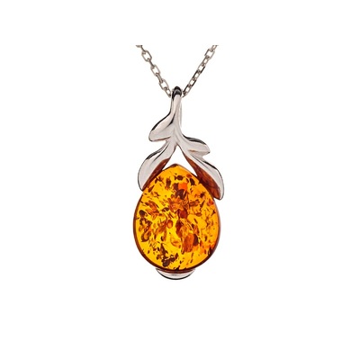 Sale of your Pendant with natural cognac amber from the Baltic Sea drop, rhodium-plated silver 925/1000 wholesale.
