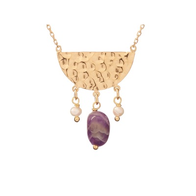 Grossiste de bijoux et d'accessoires - Collier avec améthyste et perles, en argent doré 925/1000, longueur 42 + 3 cm