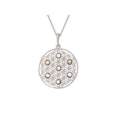 Grossiste de bijoux et d'accessoires - Pendentif fleur de vie avec labradorite multicolore, argent rhodié 925/1000, 2,7+1 cm