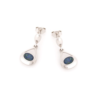 Wholesaler of jewelry and accessories - Earrings with blue opal oval doublet, in rhodium silver 925/1000