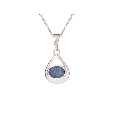 Wholesaler of jewelry and accessories - Pendant with blue opal doublet, in rhodium silver 925/1000, height 1.3+0.8 cm