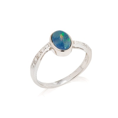 Wholesaler of jewelry and accessories - Ring with oval Australian doublet blue opal, in rhodium-plated silver 925/1000