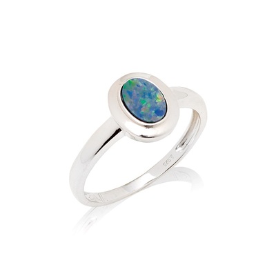 Wholesaler of jewelry and accessories - Ring with oval Australian doublet blue opal, in rhodium-plated silver 925/1000