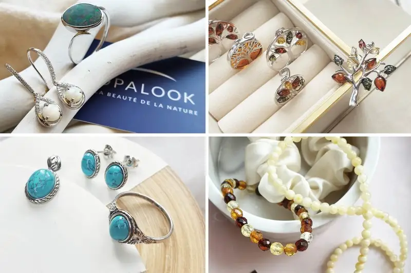 Image of amber, opal, rose quartz and silver jewelry from opalook, wholesaler natural stone and amber jewelry for reseller